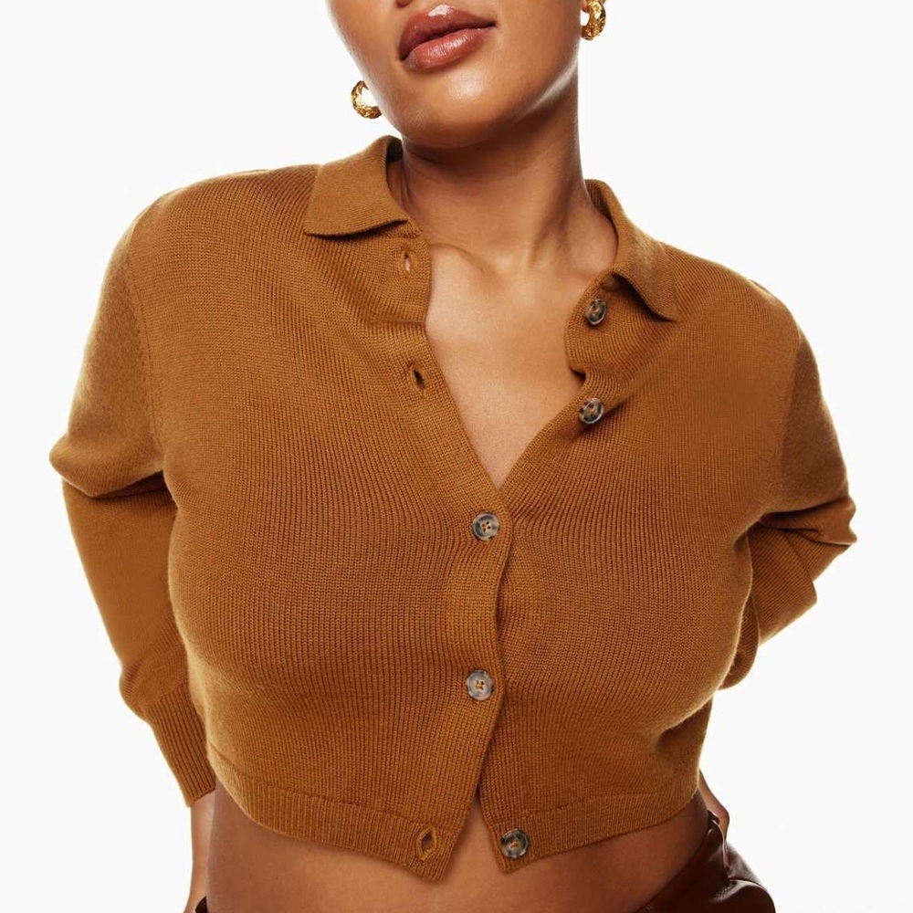 Aritzia Wilfred Nextdoor Cropped Polo Knit Cardigan Rich Chestnut New Size XS